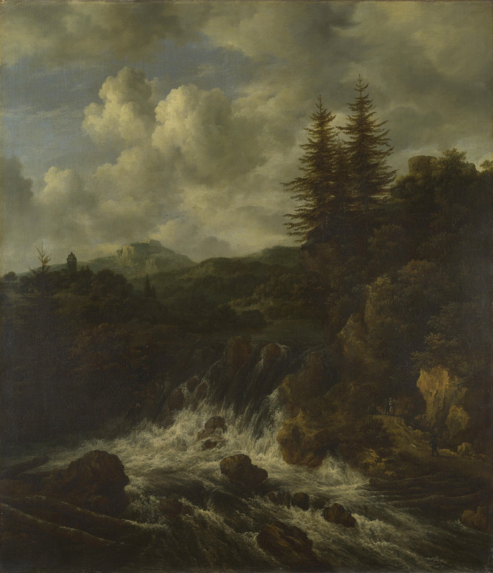 Un paysage avec une cascade et un château sur une colline - Jacob van Ruisdael