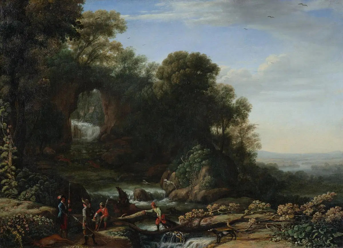 Paysage avec chute d'eau et chasseurs - Claude Lorrain image 1 reproduction artisanale de tableau