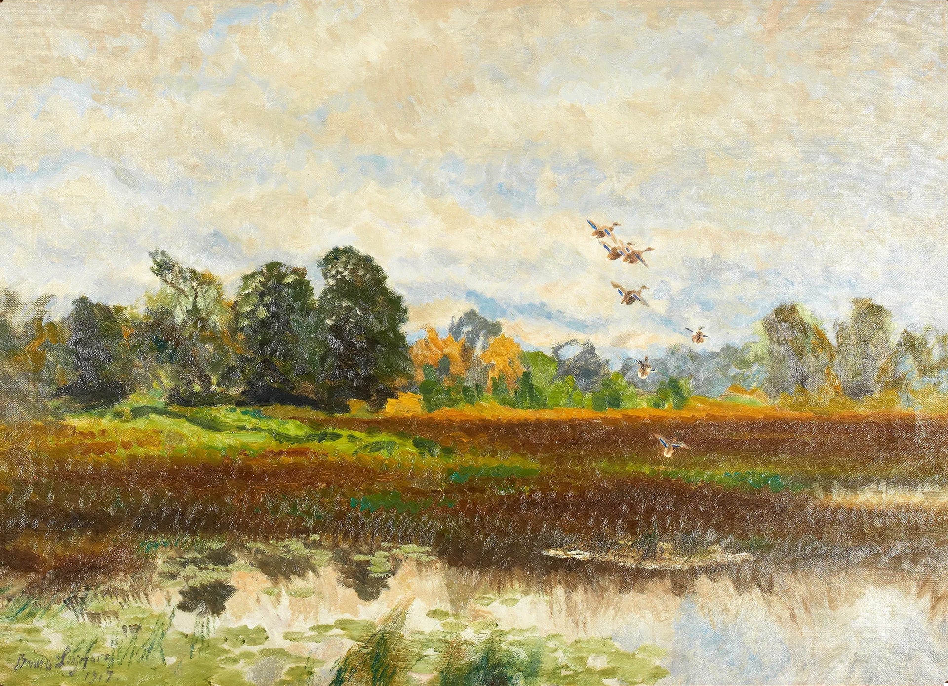Paysage avec des canards colverts qui prennent leur envol - Bruno Liljefors image 1 reproduction d’œuvre d’art à l’huile