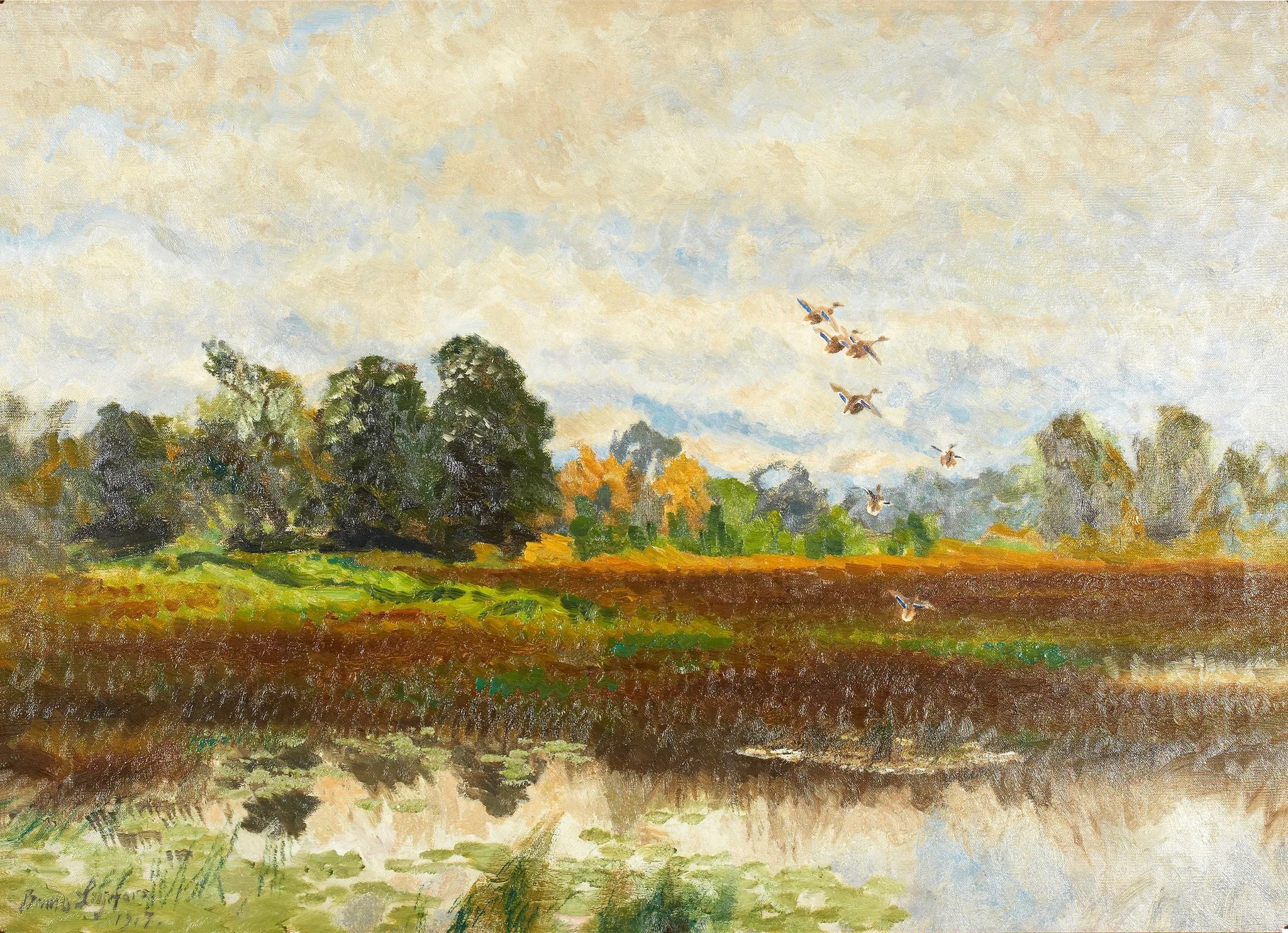 Paysage avec des canards colverts qui prennent leur envol - Bruno Liljefors image 1 reproduction d’œuvre d’art à l’huile