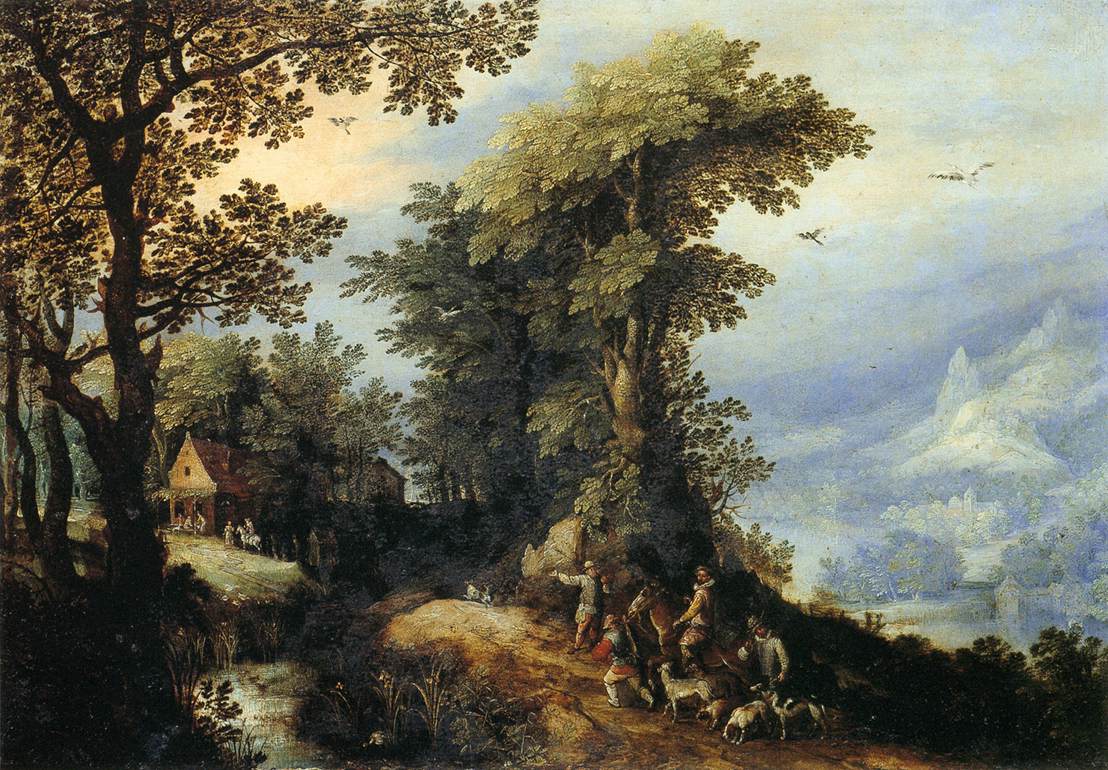Paysage avec des chasseurs - Jan Brueghel l'Ancien image 1 reproduction de peinture à l’huile