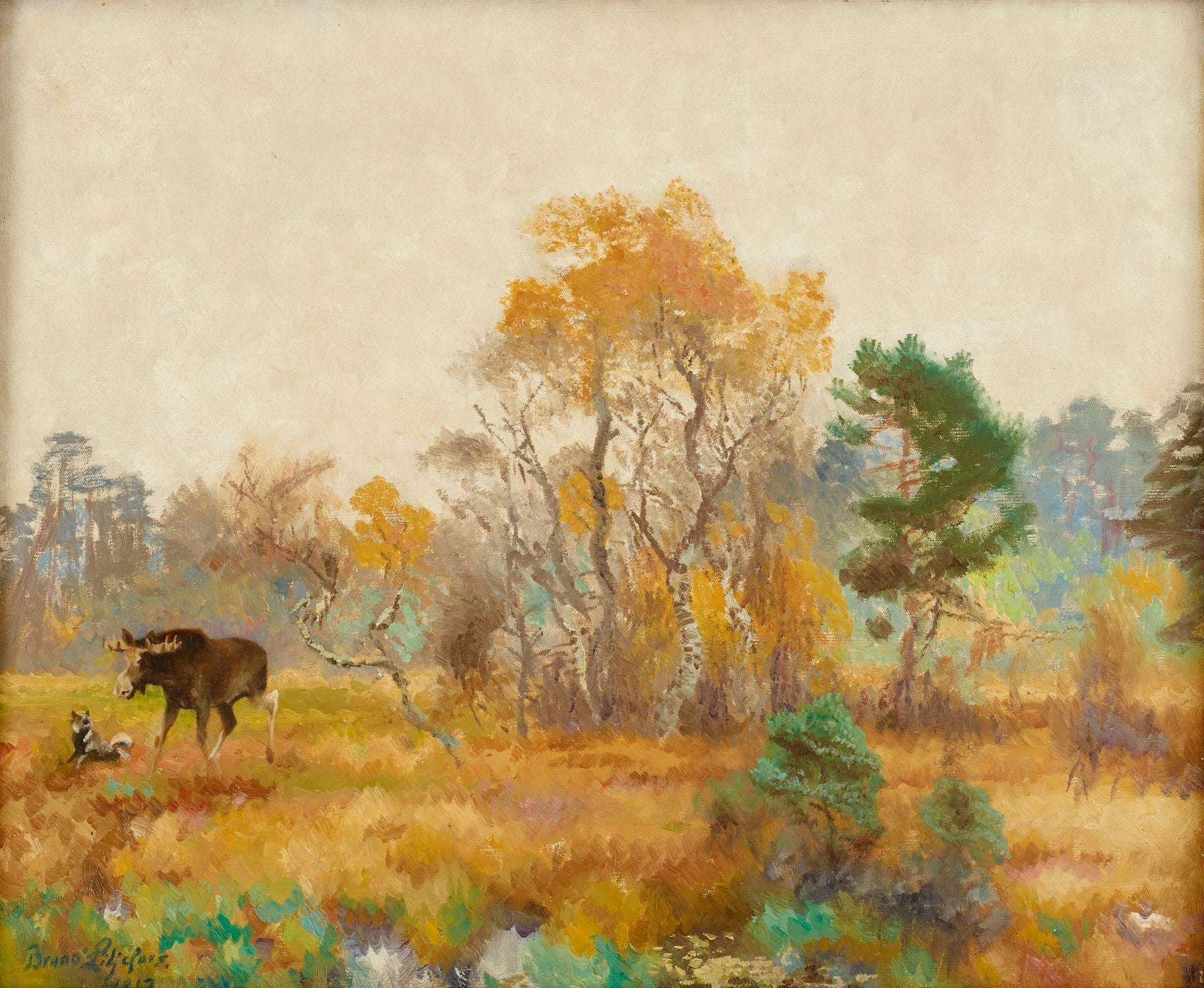 Paysage avec des élans (Alces alces) et un chien d'élan norvégien - Bruno Liljefors image 1 tableau peint à l’huile sur toile
