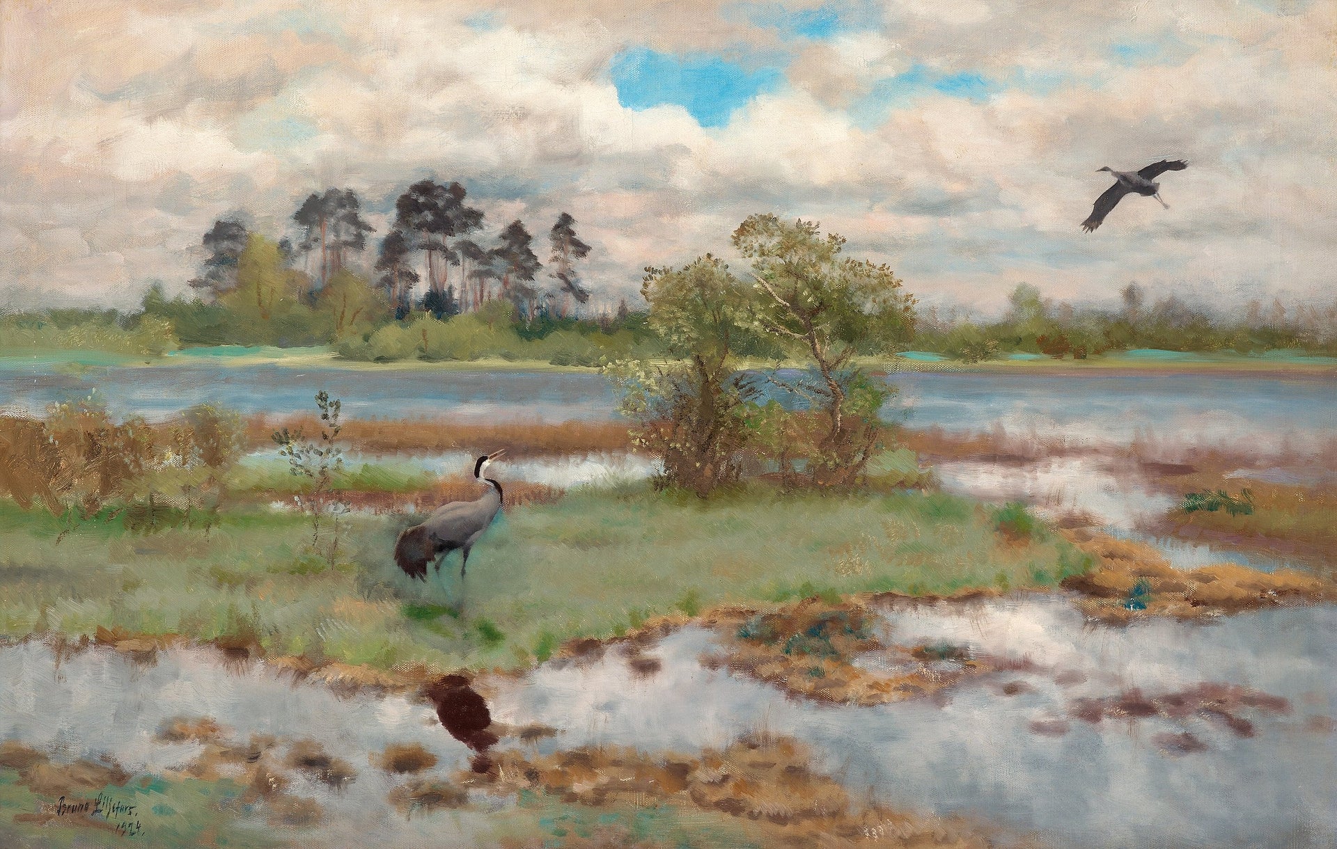 Paysage avec des grues au bord de l'eau - Bruno Liljefors image 1 reproduction réalisée par Alpha Reproduction