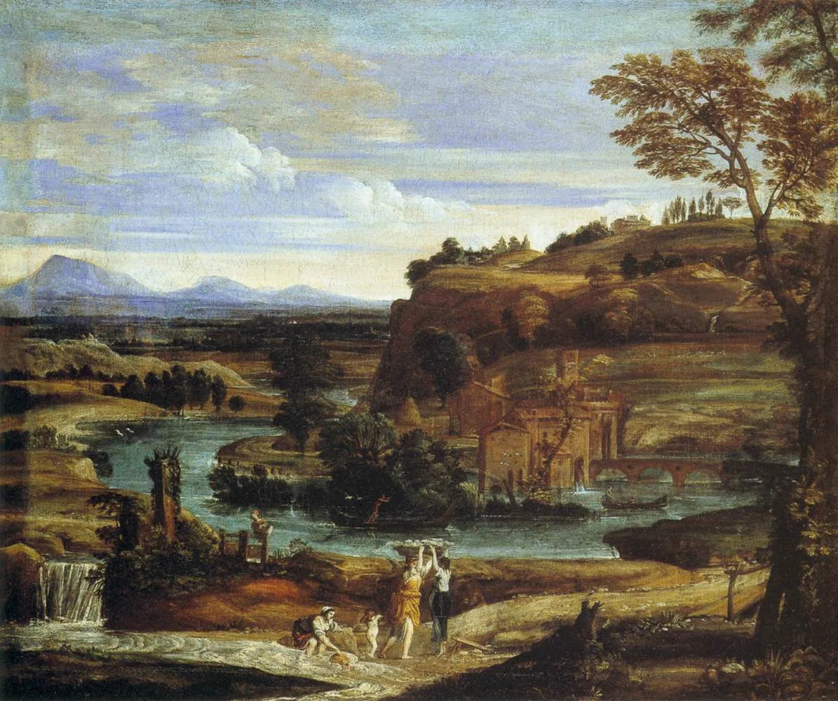 Paysage avec des laveuses de linge et un enfant renversant du vin - Domenichino image 1 copie peinte à la main à l’huile