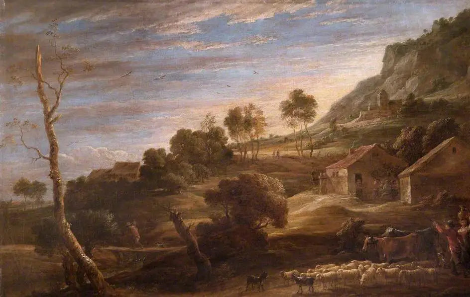 Paysage avec des paysans conduisant du bétail : Soir - David Teniers le Jeune image 1 reproduction de peinture à l’huile
