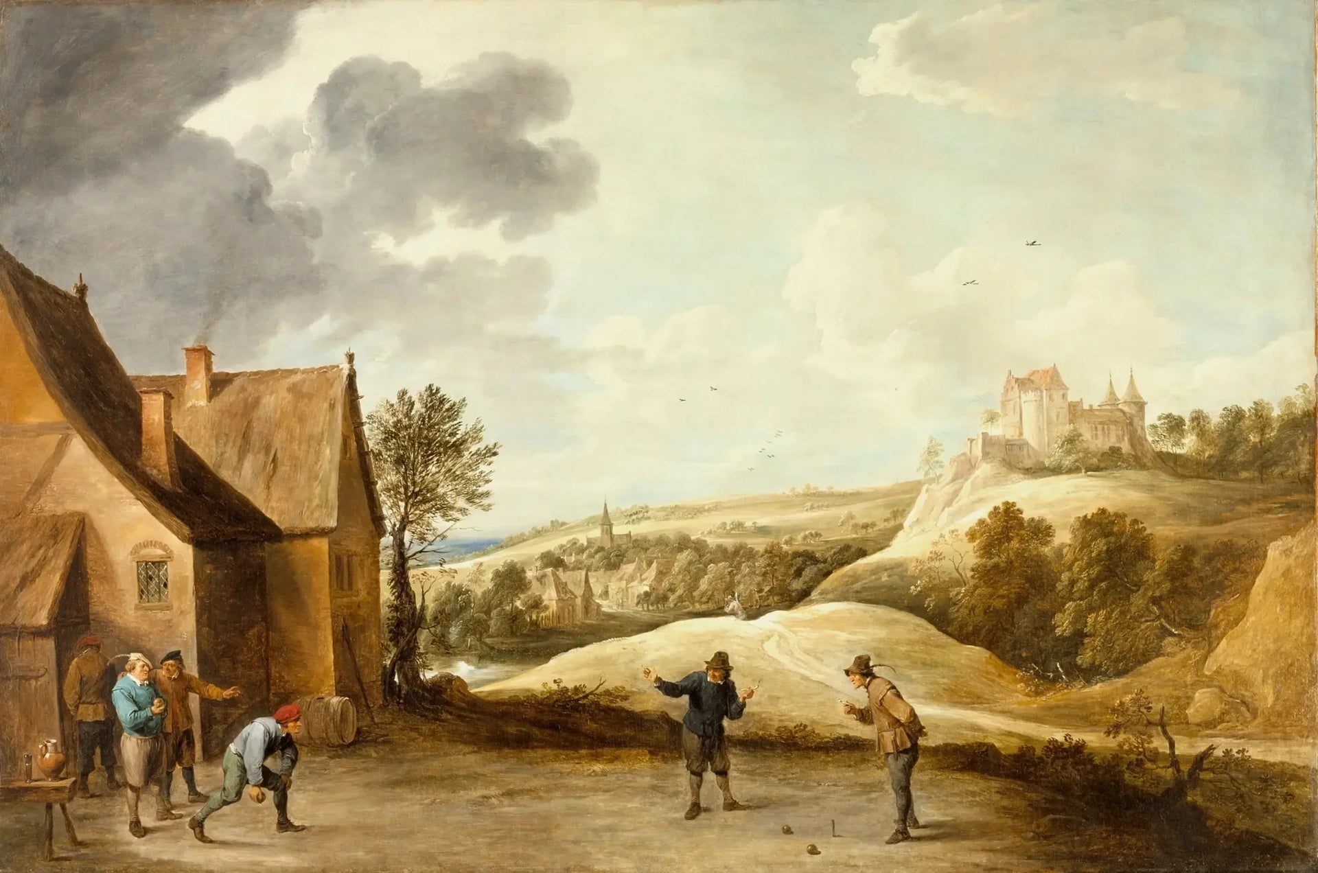 Paysage avec des paysans jouant aux boules devant une auberge - David Teniers le Jeune image 1 copie peinte à la main à l’huile