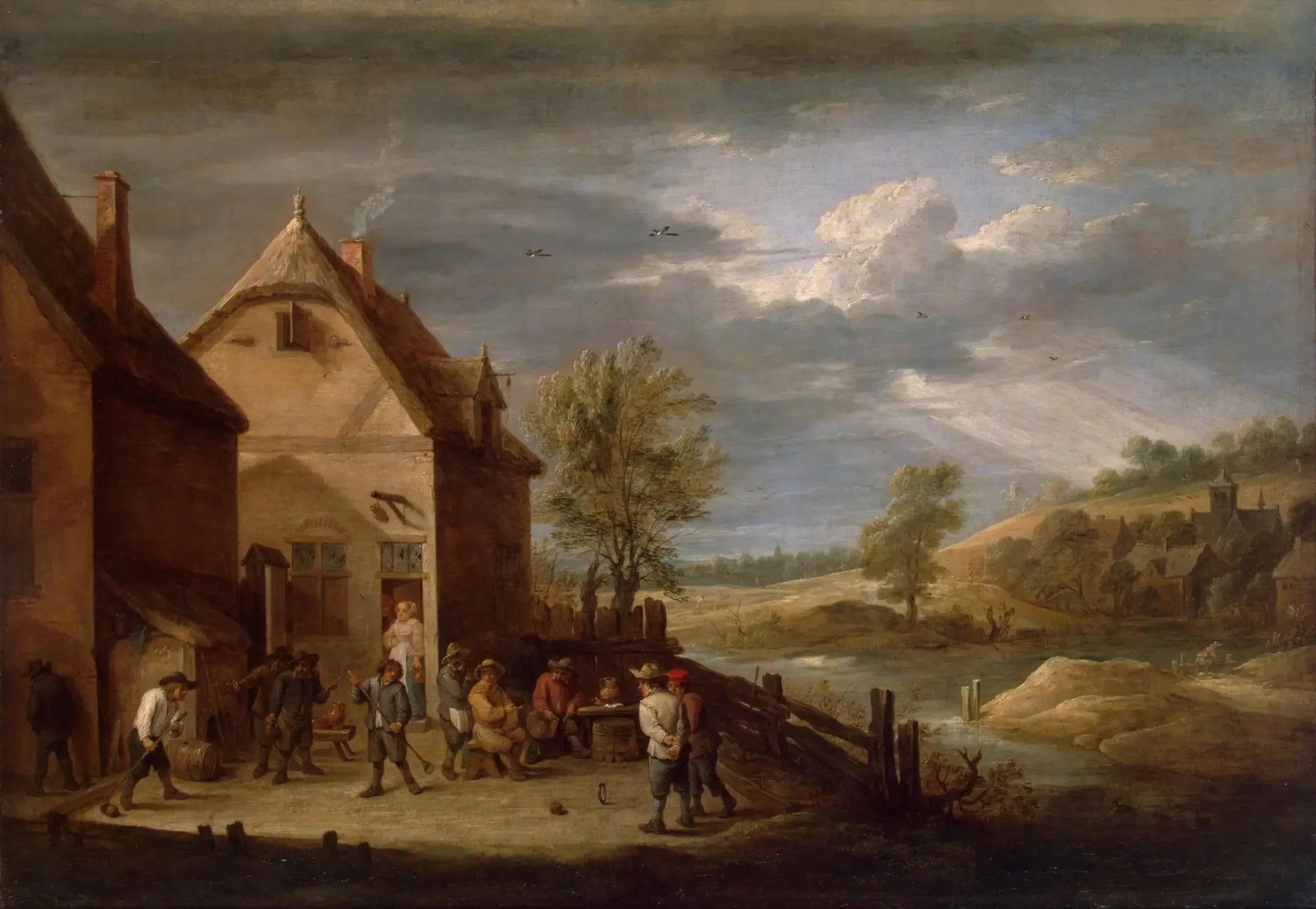 Paysage avec des paysans jouant aux quilles - David Teniers le Jeune image 1 copie peinte à la main à l’huile