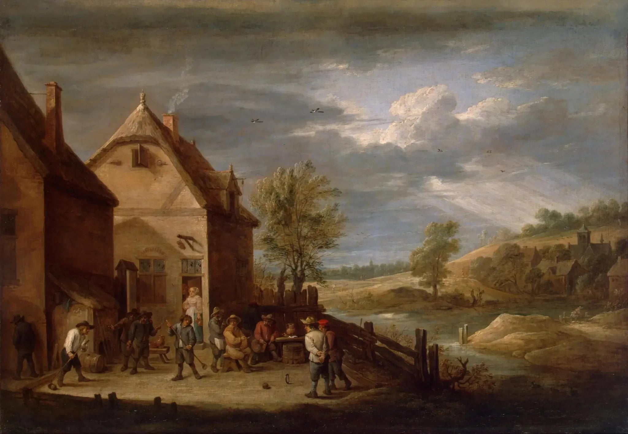 Paysage avec des paysans jouant aux quilles - David Teniers le Jeune image 1 copie peinte à la main à l’huile