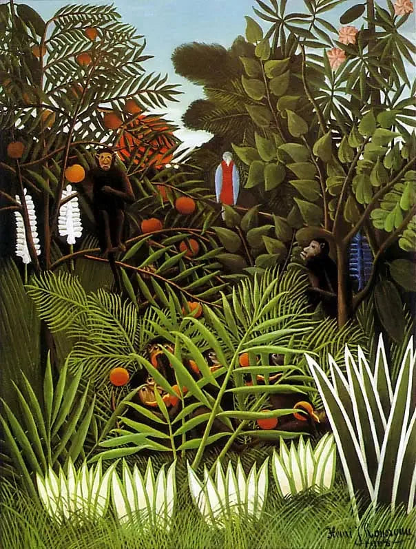 Paysage avec des singes exotiques et un perroquet - Henri Rousseau image 1 reproduction de peinture à l’huile