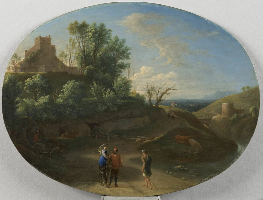 Paysage avec deux pâtres et une femme sur un âne - Herman van Swanevelt