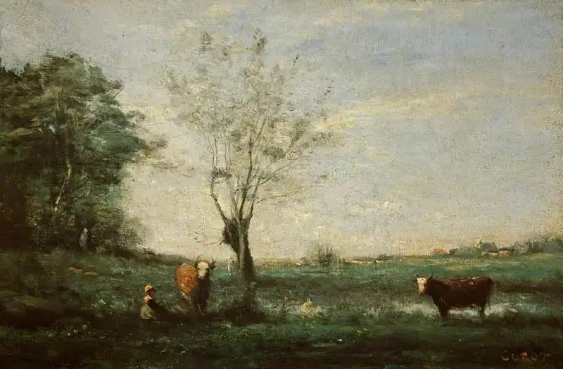 Paysage avec deux vaches - Jean-Baptiste Camille Corot image 1 reproduction artisanale de tableau