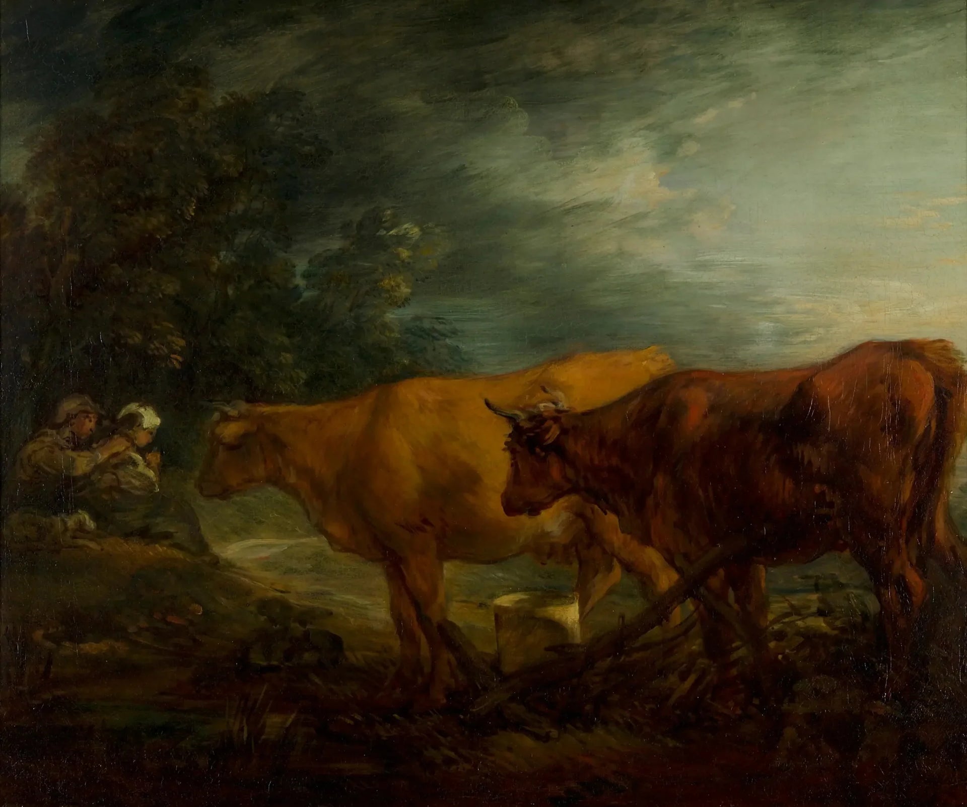 Paysage avec deux vaches avec un berger et une laitière - Thomas Gainsborough image 1 copie peinte à la main à l’huile