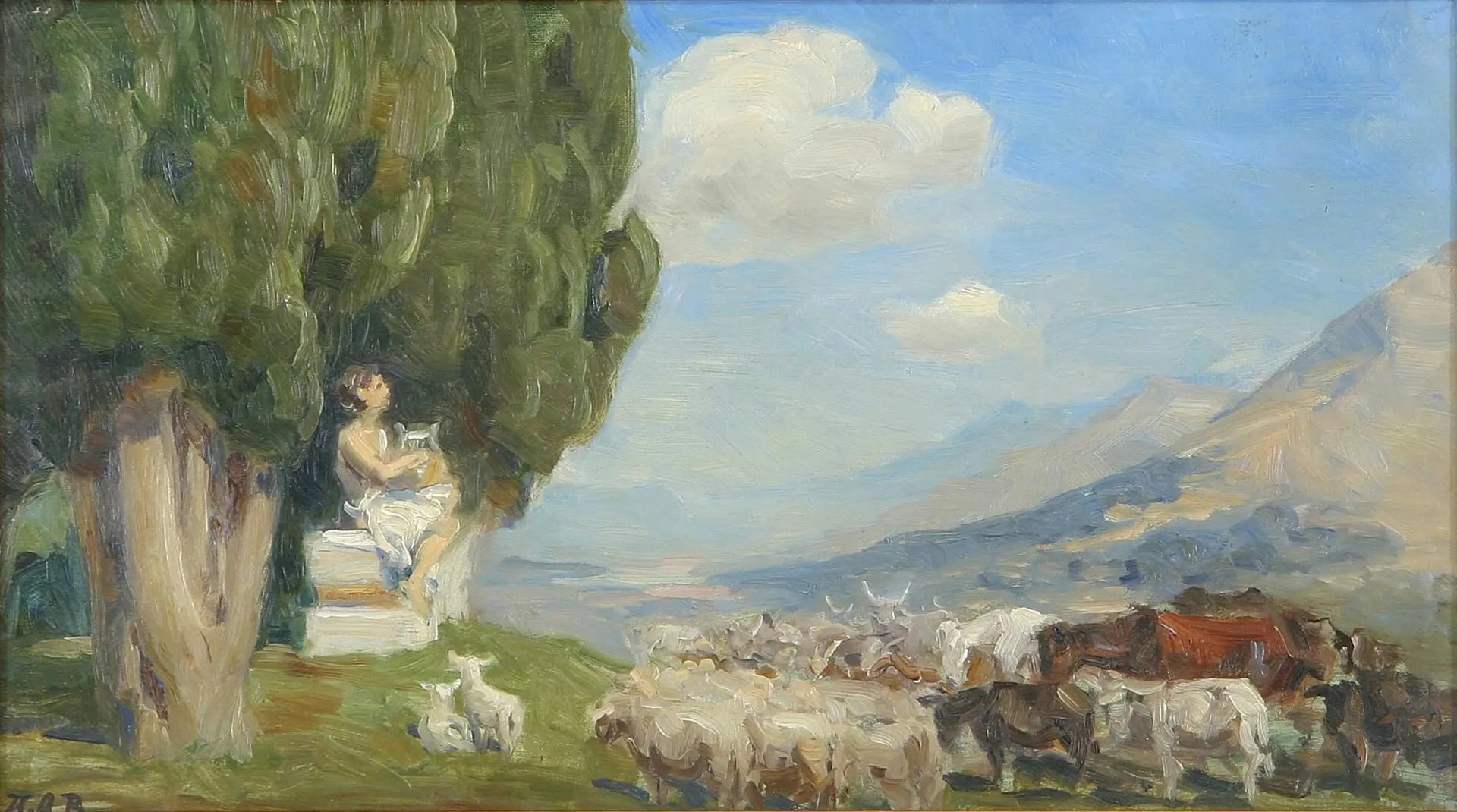 Paysage avec du bétail. - H. A. Brendekilde image 1 copie peinte à la main à l’huile