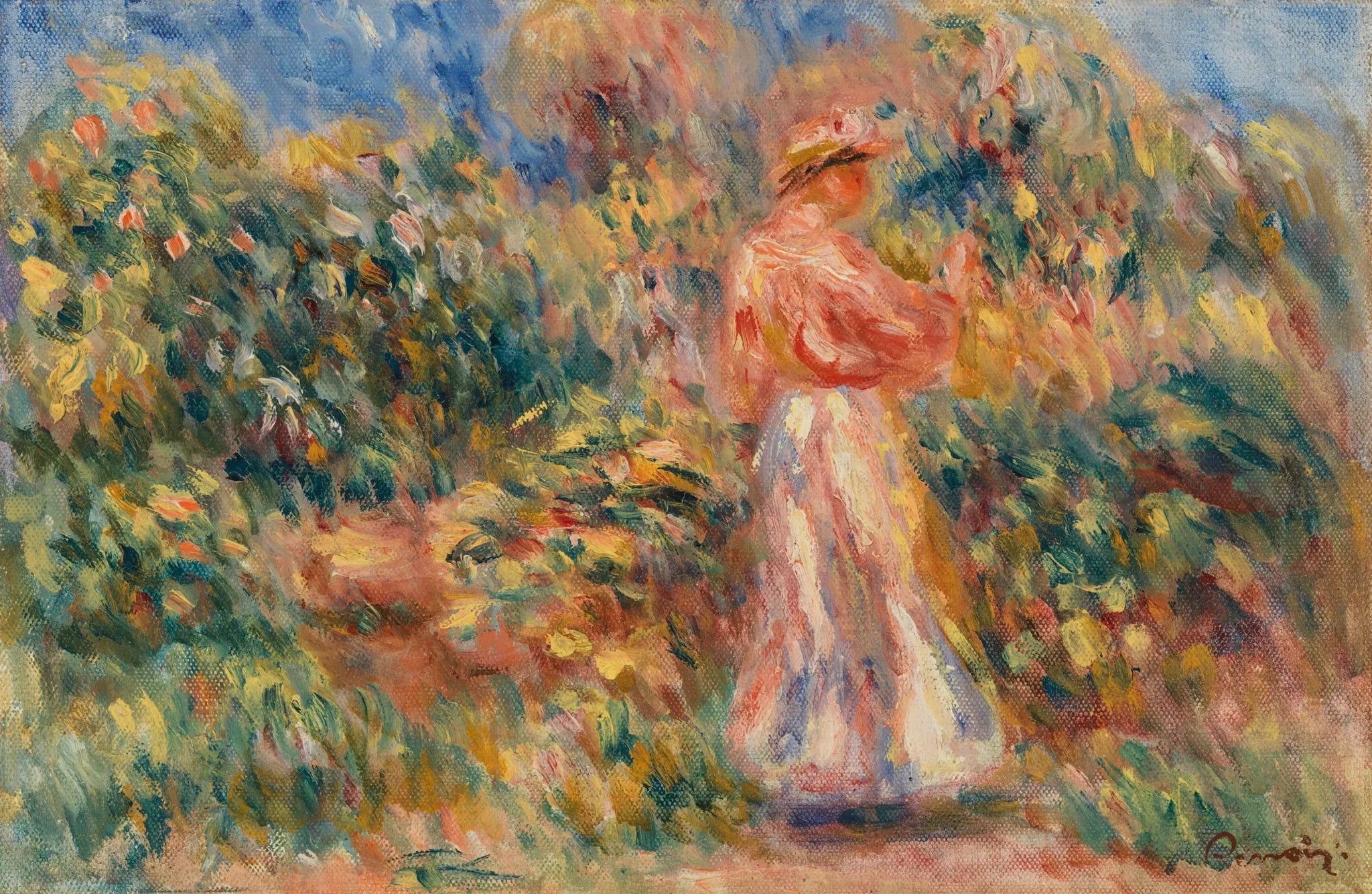 Paysage avec femme en rose et blanc - Pierre-Auguste Renoir image 1 reproduction artisanale de tableau