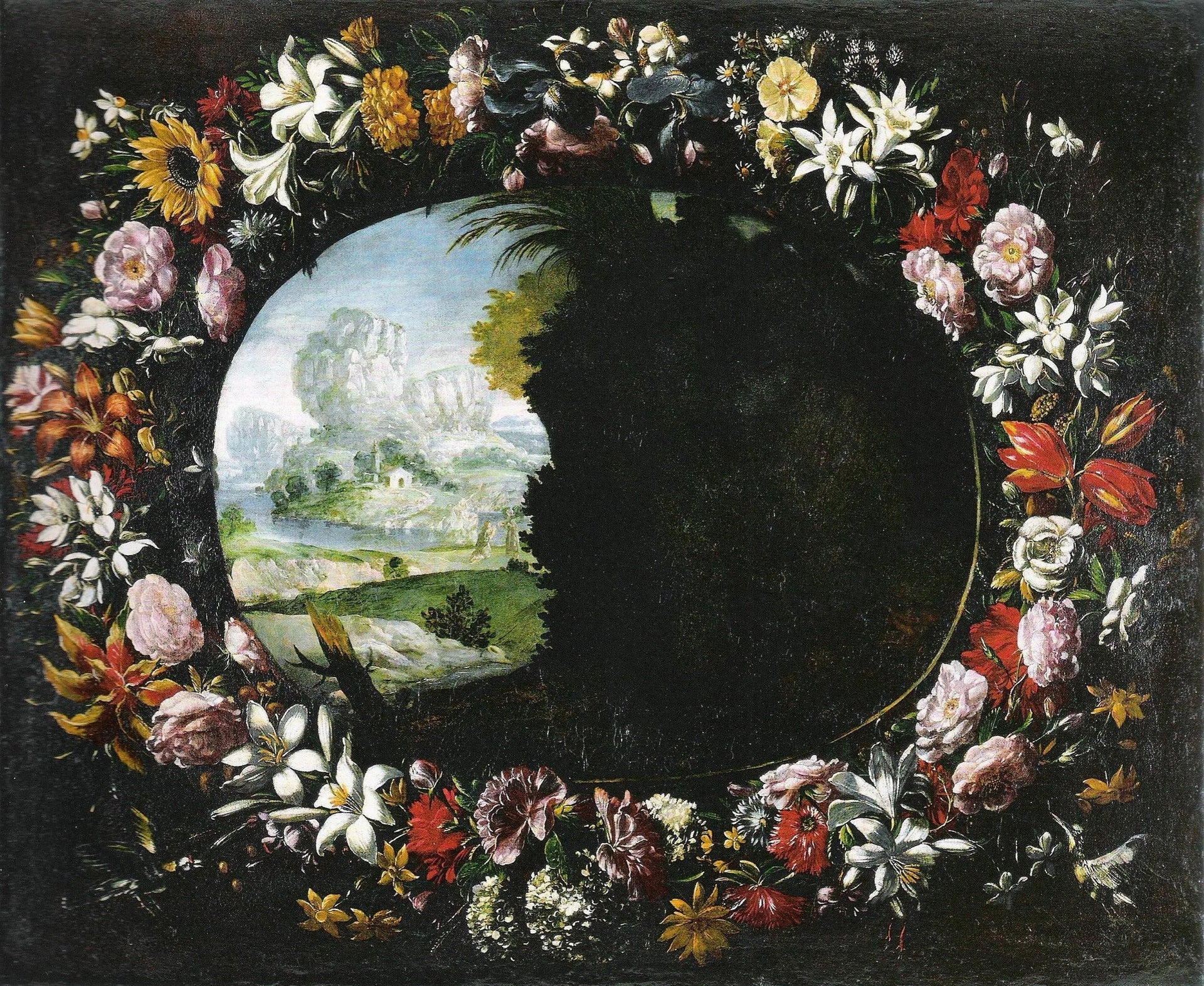 Paysage avec guirlande de fleurs - Juan van der Hamen image 1 reproduction artisanale de tableau