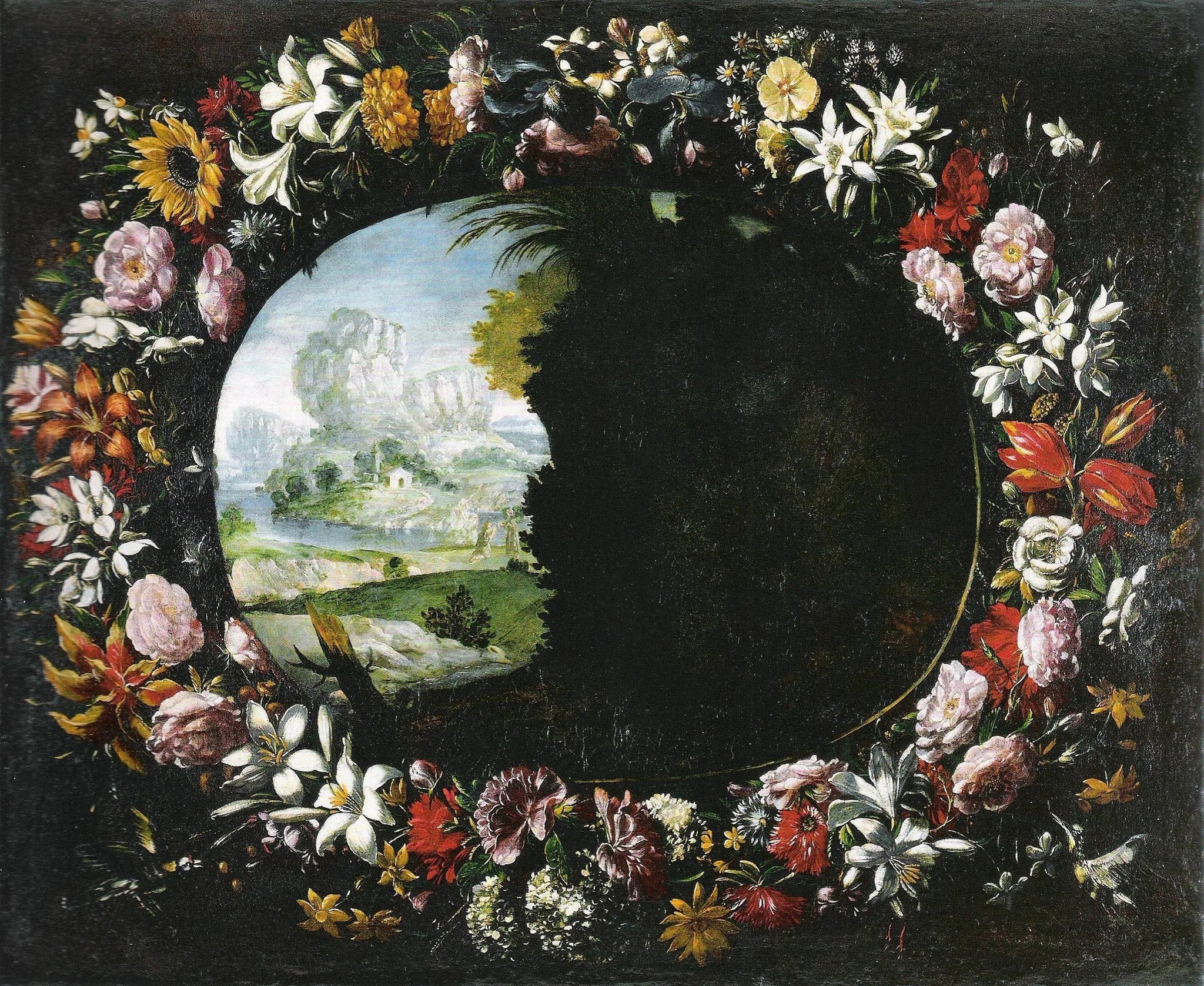 Paysage avec guirlande de fleurs - Juan van der Hamen image 1 reproduction artisanale de tableau