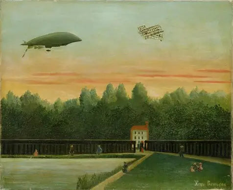 Paysage avec le dirigeable République et un avion Wright - Henri Rousseau image 1 reproduction de peinture à l’huile