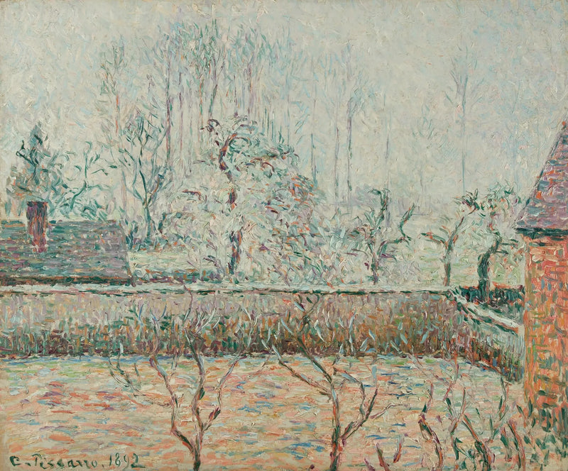 Paysage avec maisons et mur, brume et givre, Éragny - Camille Pissarro