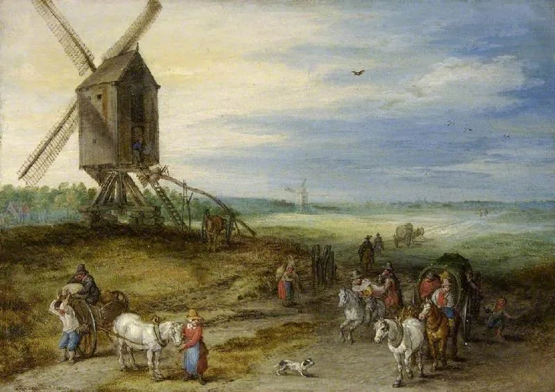 Paysage avec moulin et charrettes - Jan Brueghel l'Ancien image 1 copie peinte à la main à l’huile