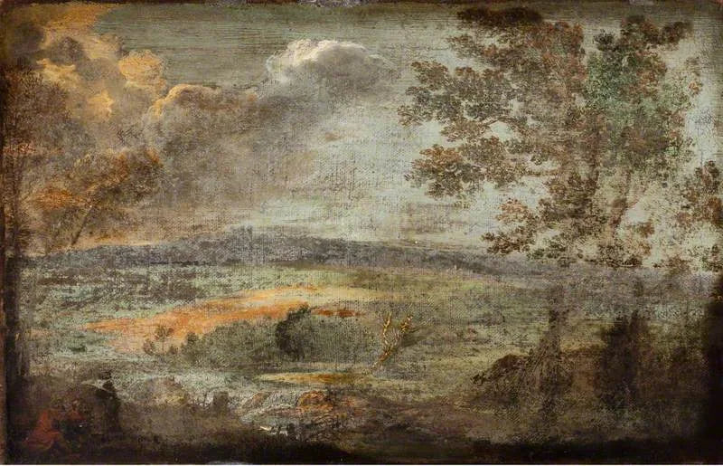 Paysage avec personnages au bord d'une rivière - Annibale Carracci image 1 tableau peint à l’huile sur toile