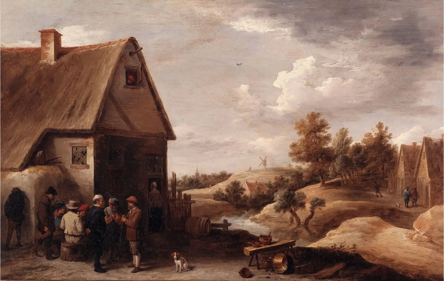 Paysage avec personnages devant une maison au toit de paille - David Teniers le Jeune image 1 reproduction artisanale de tableau