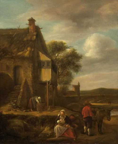 Paysage avec personnages devant une maison - Jan Steen image 1 reproduction artisanale de tableau