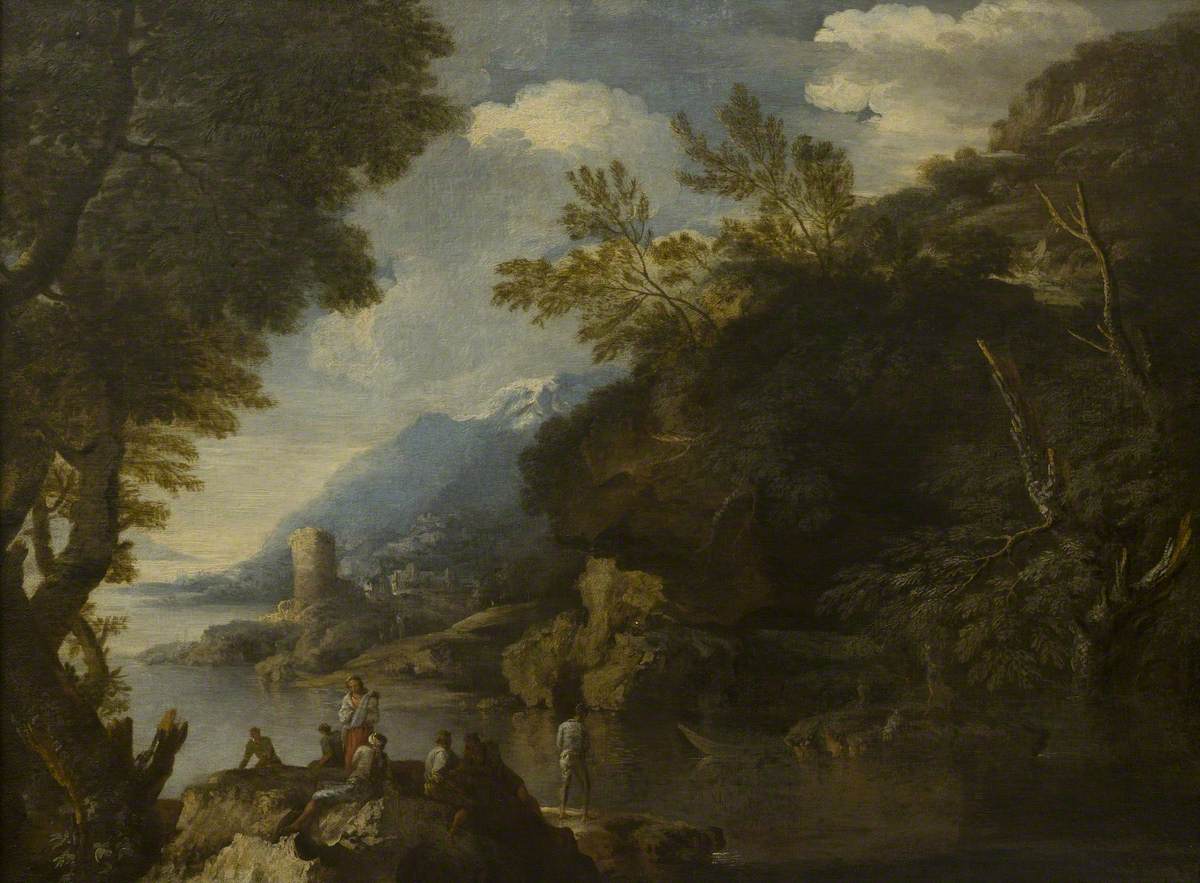 Paysage avec personnages et bateaux - Salvator Rosa image 1 tableau peint à l’huile sur toile