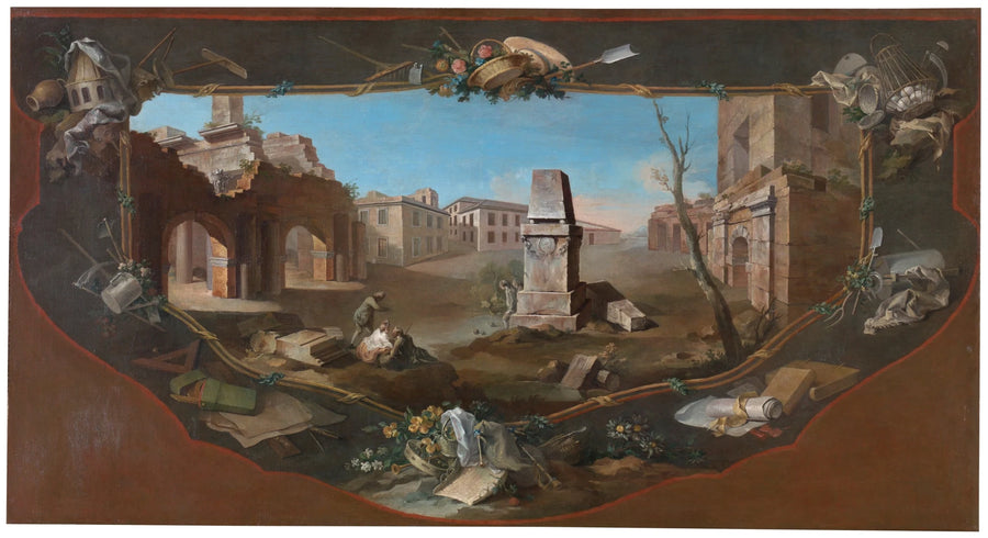 Paysage avec perspective architecturale et obélisque brisé entouré d'une bordure décorative en trompe-l'œil - Charles Joseph Flipart