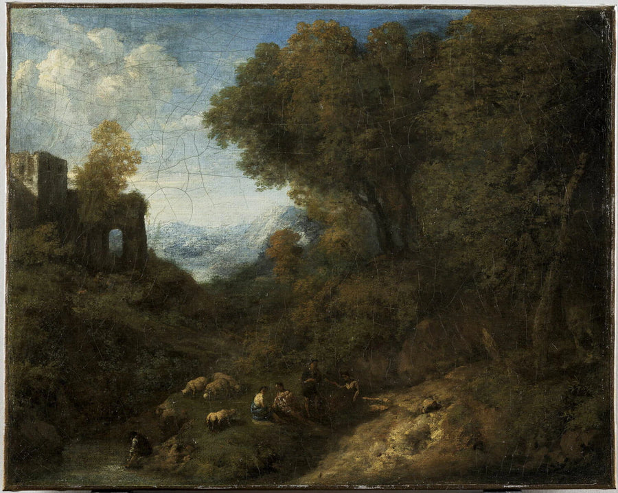 Paysage avec une ruine. Bergers et troupeaux au bord d'un ruisseau - Cornelis Huysmans
