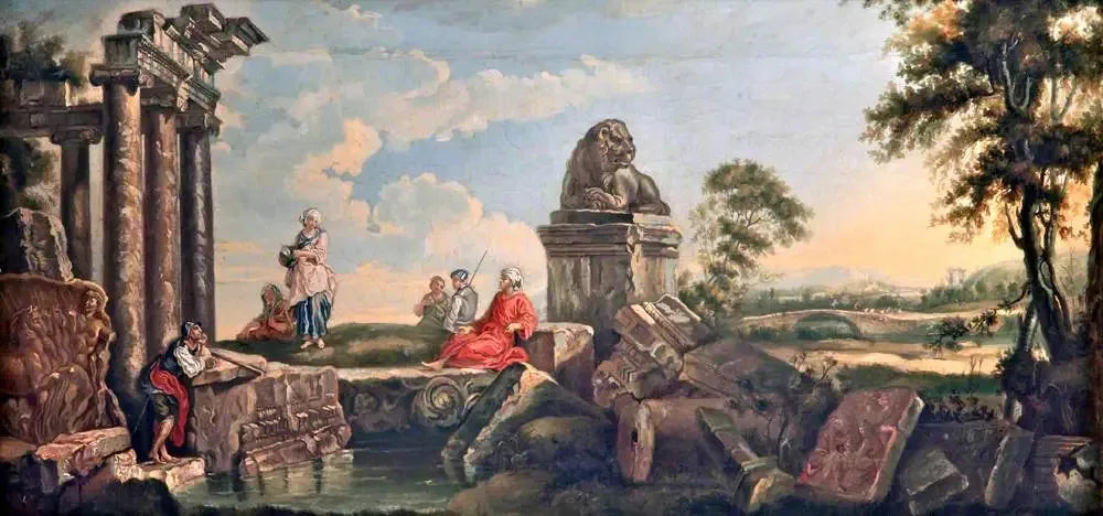Paysage avec ruines et figures classiques - Giovanni Paolo Panini image 1 reproduction d’œuvre d’art à l’huile
