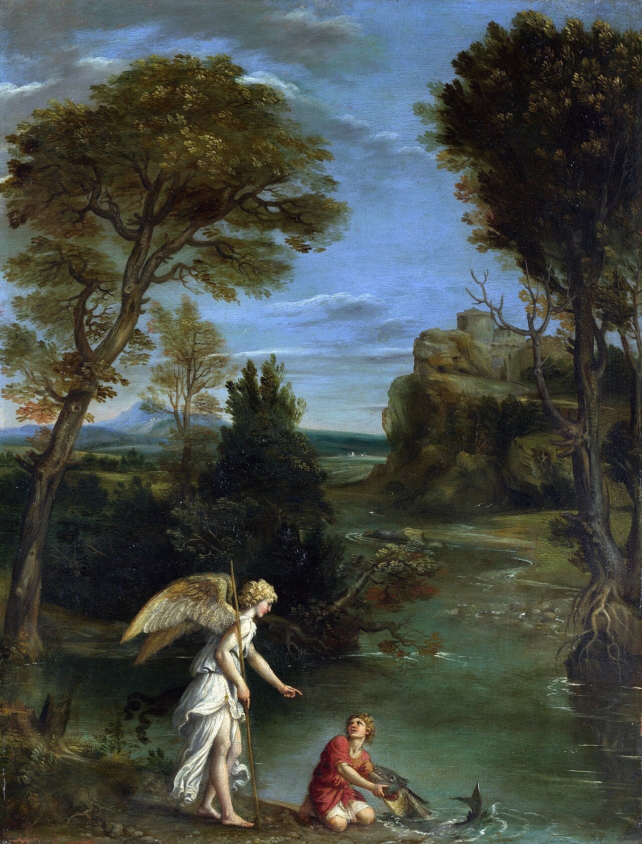 Paysage avec Tobie saisissant le poisson - Domenichino image 1 copie peinte à la main à l’huile