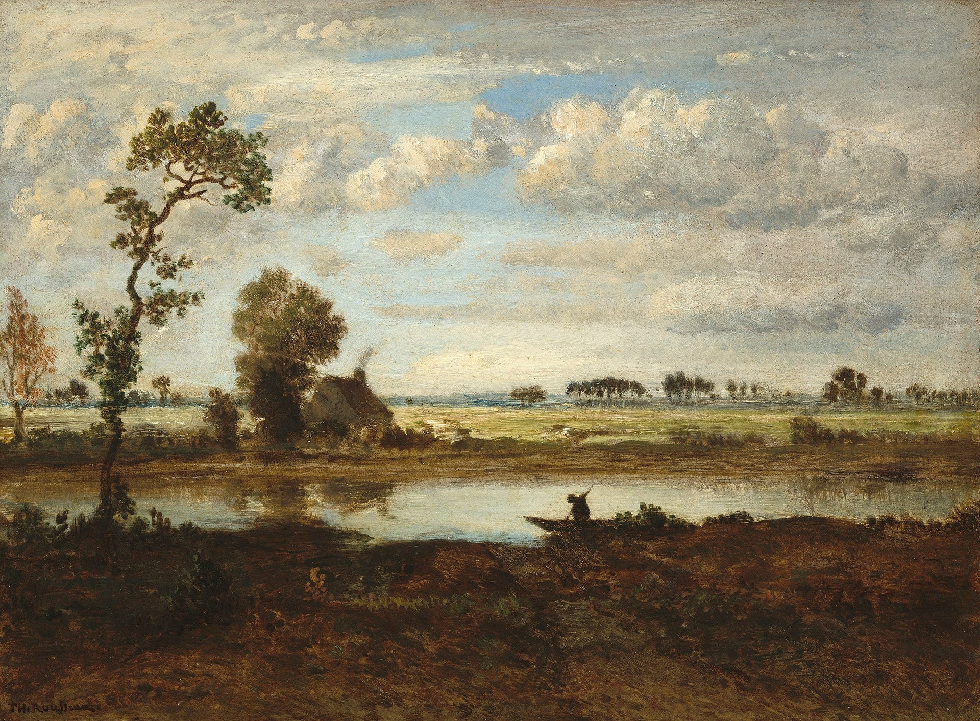 Paysage avec un batelier - Théodore Rousseau image 1 reproduction de peinture à l’huile