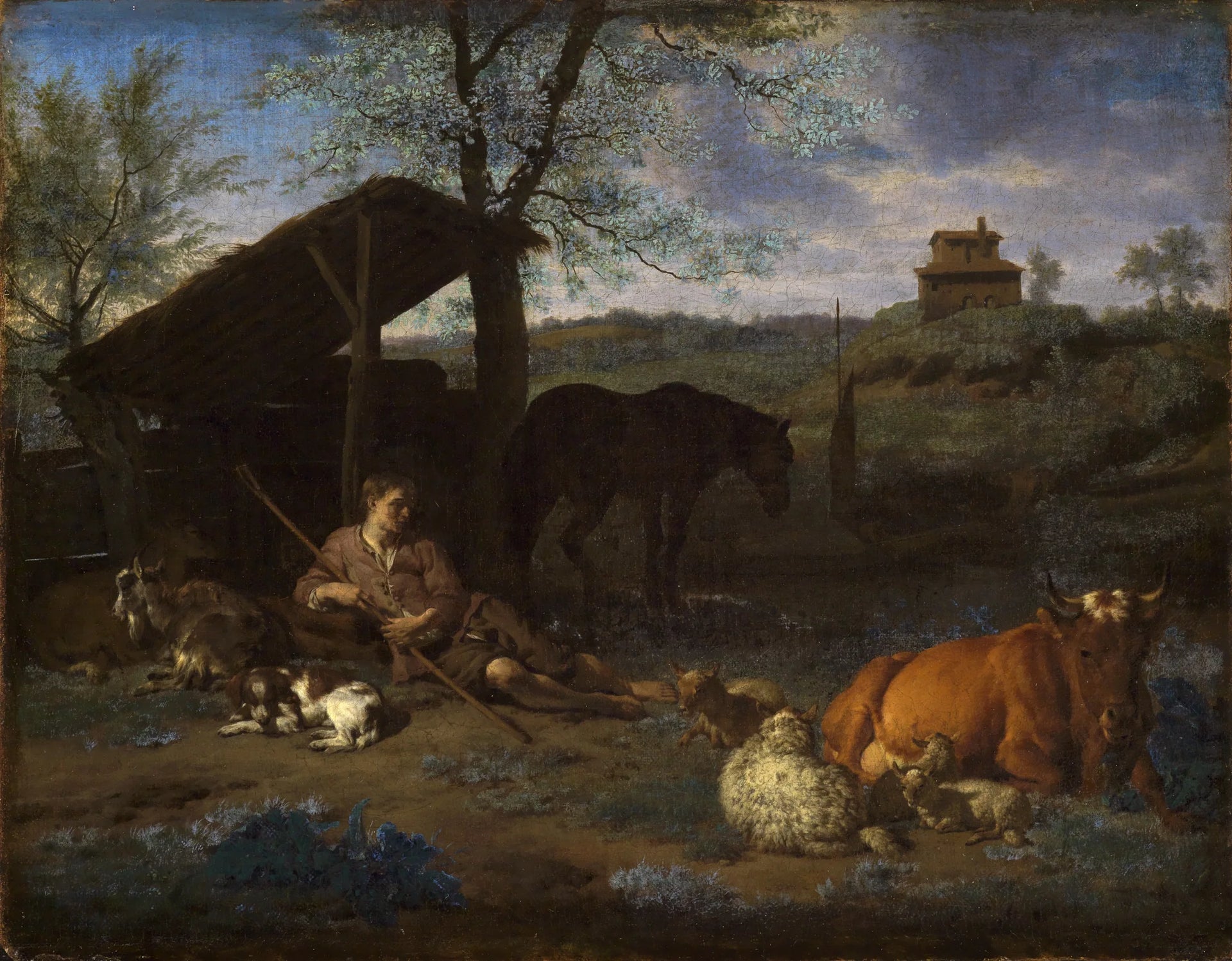 Paysage avec un berger se reposant et son bétail - Adriaen van de Velde image 1 reproduction artisanale de tableau