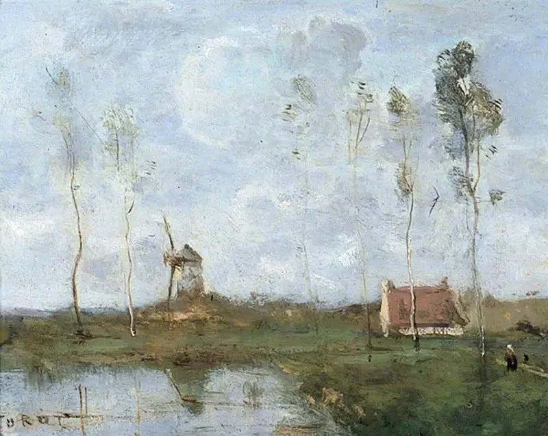 Paysage avec un chalet et un moulin à vent - Jean-Baptiste Camille Corot image 1 copie de tableau peinte à la main