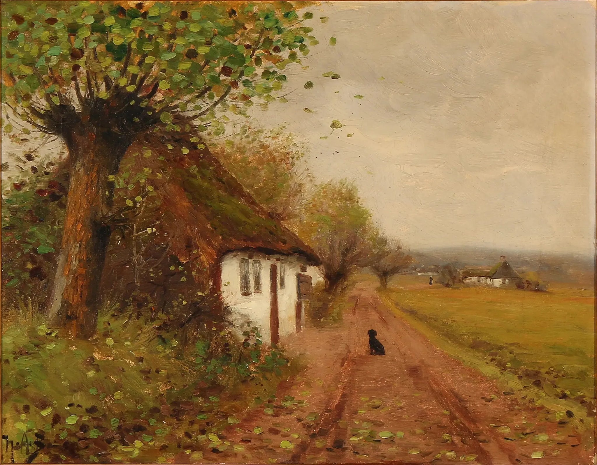 Paysage avec un chien attendant sur une route de campagne - H. A. Brendekilde image 1 tableau peint à l’huile sur toile