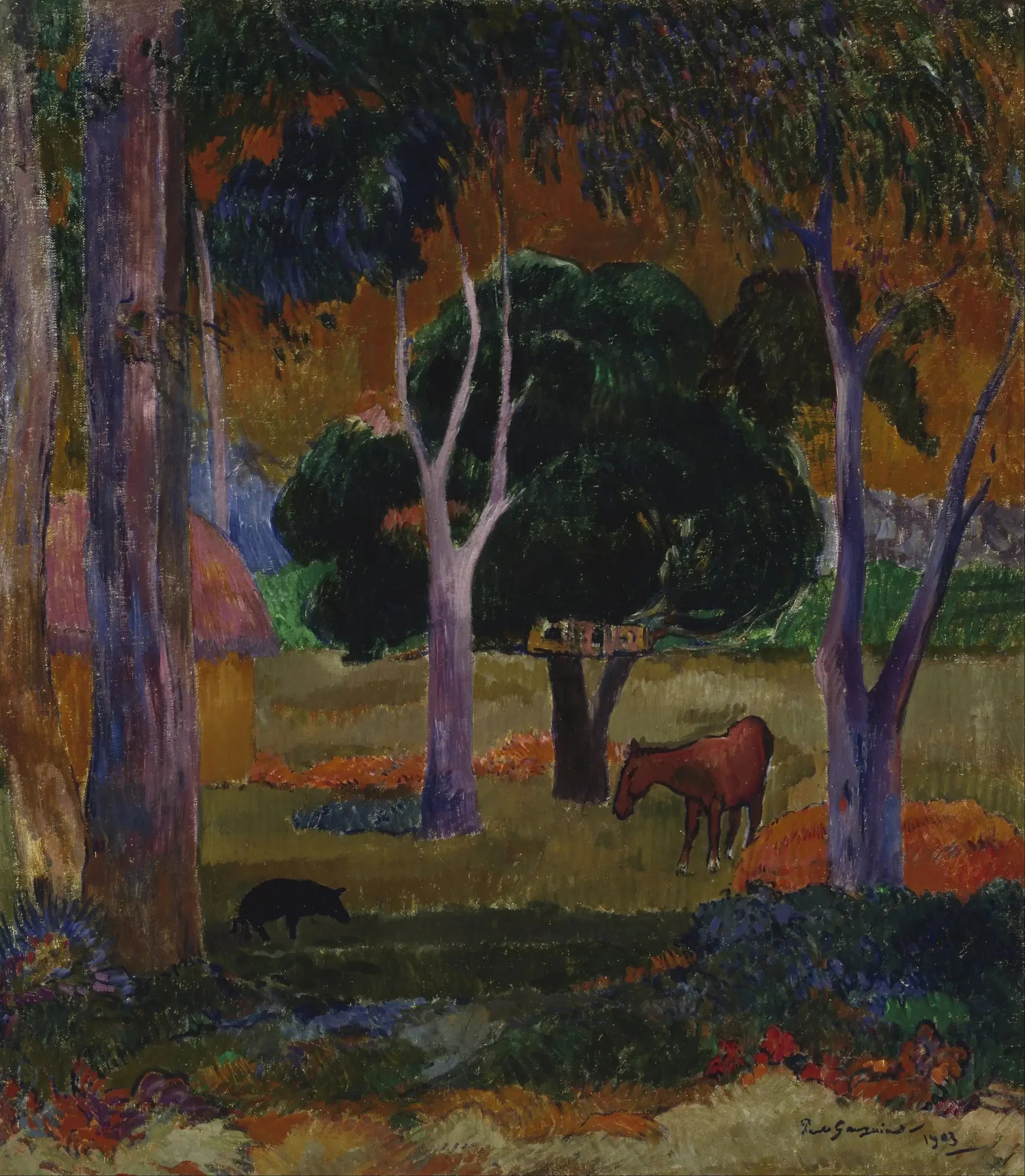 Paysage avec un cochon et un cheval - Paul Gauguin image 1 reproduction artisanale de tableau