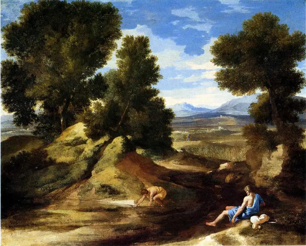 Paysage avec un homme buvant - Nicolas Poussin image 1 reproduction d’œuvre d’art à l’huile