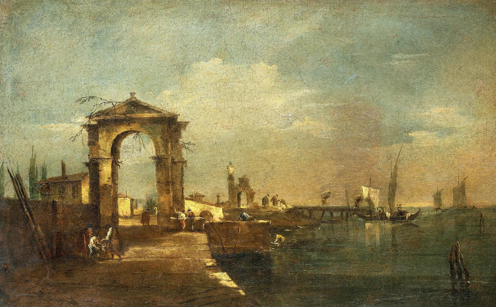 Paysage avec un quai et des bateaux sur un lac - Francesco Guardi image 1 copie peinte à la main à l’huile