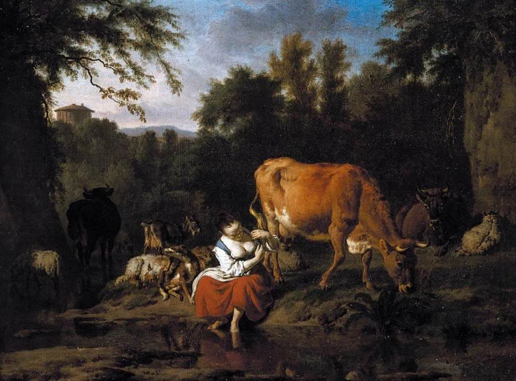Paysage avec une bergère et son bétail sur la rive d'un ruisseau - Adriaen van de Velde image 1 copie peinte à la main à l’huile