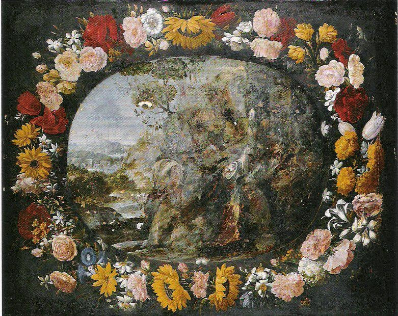 Paysage avec une couronne de fleurs - Juan van der Hamen image 1 reproduction réalisée par Alpha Reproduction
