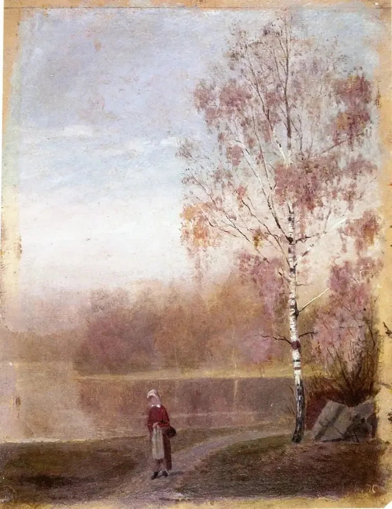 Paysage avec une femme marchant le long d'un lac - Edvard Munch image 1 reproduction de peinture à l’huile
