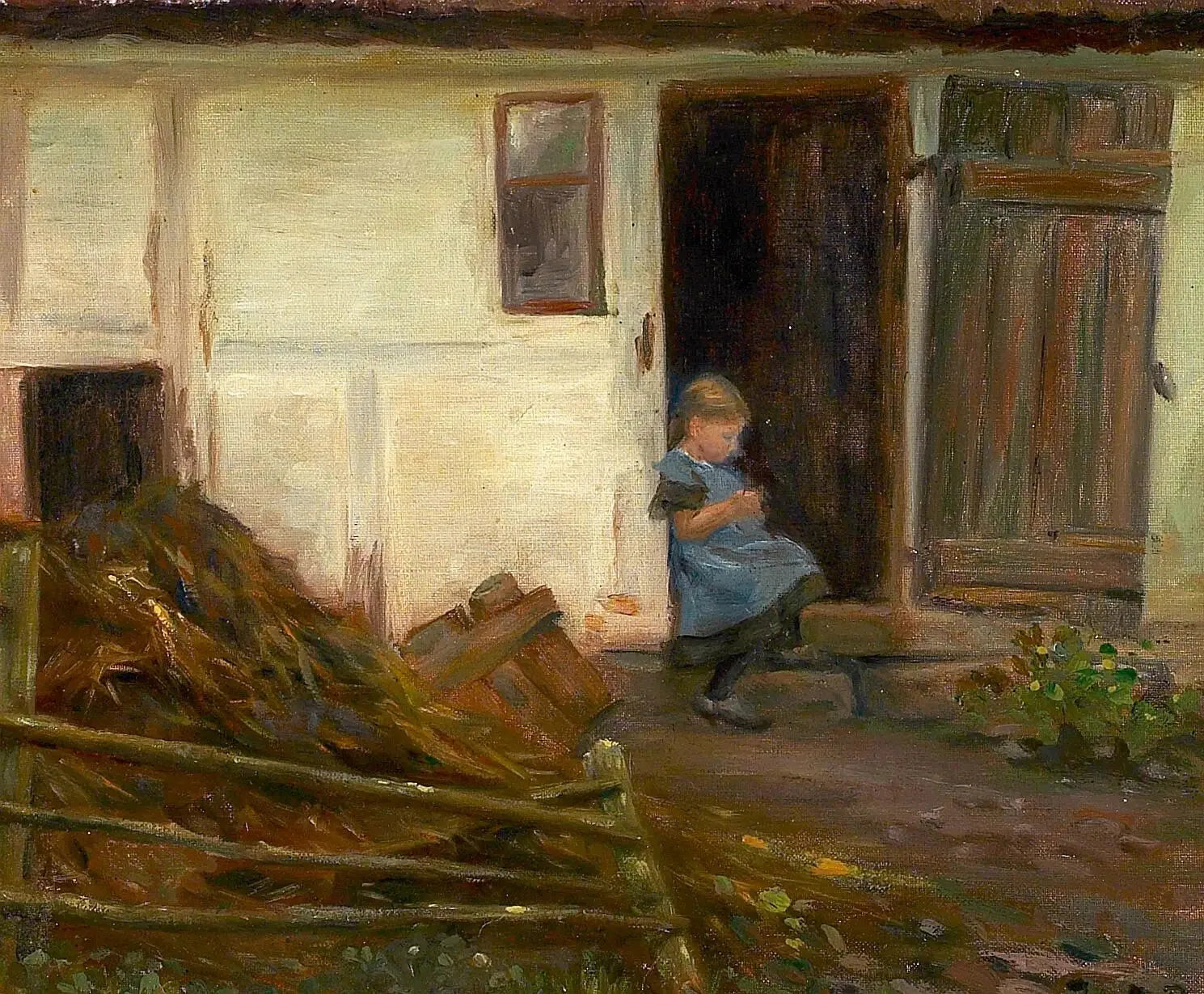Paysage avec une fille dans une porte. - H. A. Brendekilde image 1 copie peinte à la main à l’huile