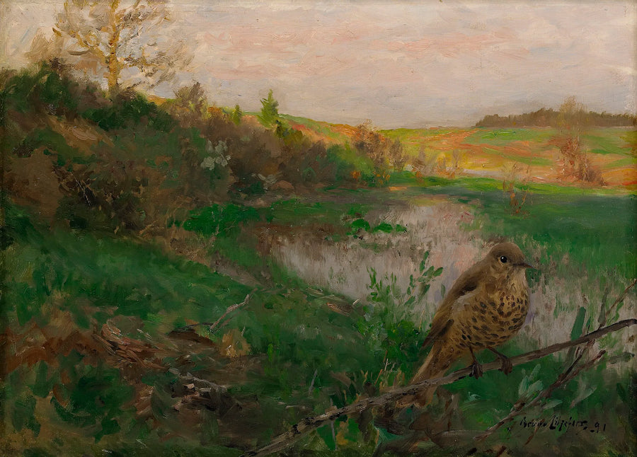 Paysage avec une grive musicienne au bord de l'eau - Bruno Liljefors
