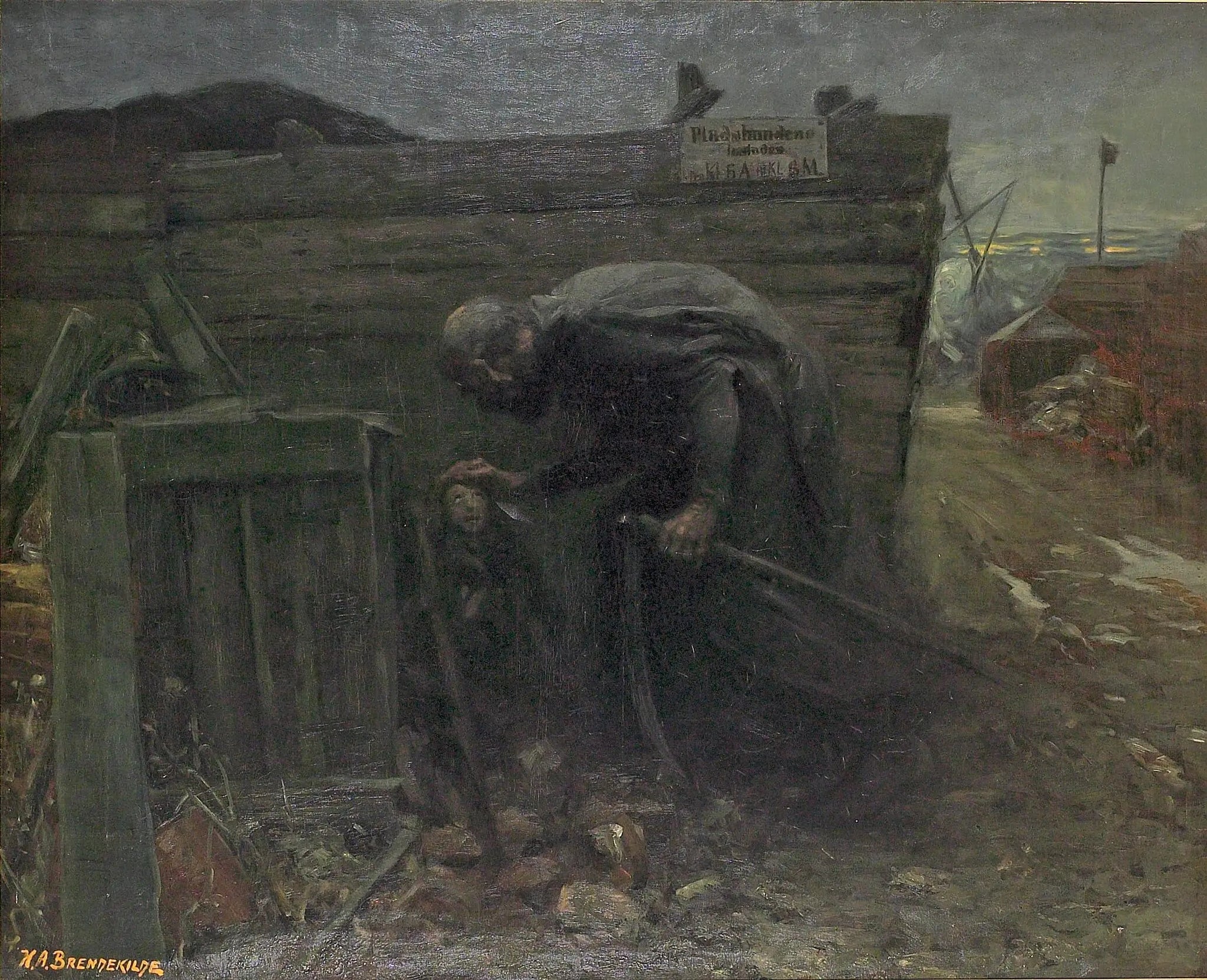 Paysage avec une pauvre fille la nuit. - H. A. Brendekilde image 1 reproduction de peinture à l’huile