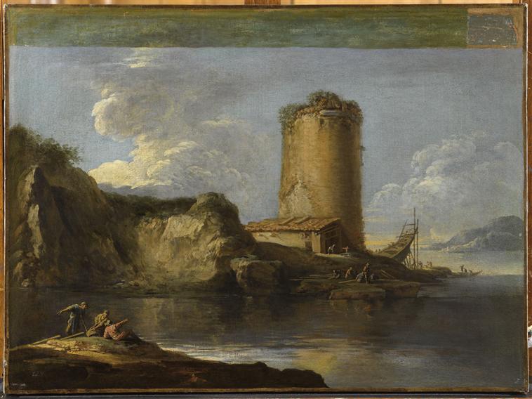 Paysage avec une tour et une barque en construction - Salvator Rosa image 1 tableau peint à l’huile sur toile