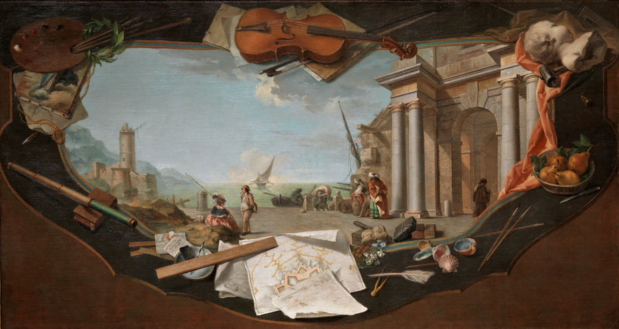 Paysage avec une vue architecturale entourée d'éléments en trompe-l'œil symbolisant les Arts - Charles Joseph Flipart