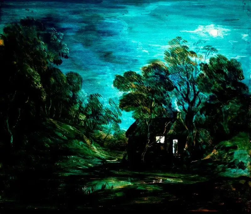 Paysage boisé au clair de lune avec une piscine et une silhouette à la porte d'un chalet - Thomas Gainsborough image 1 copie peinte à la main à l’huile
