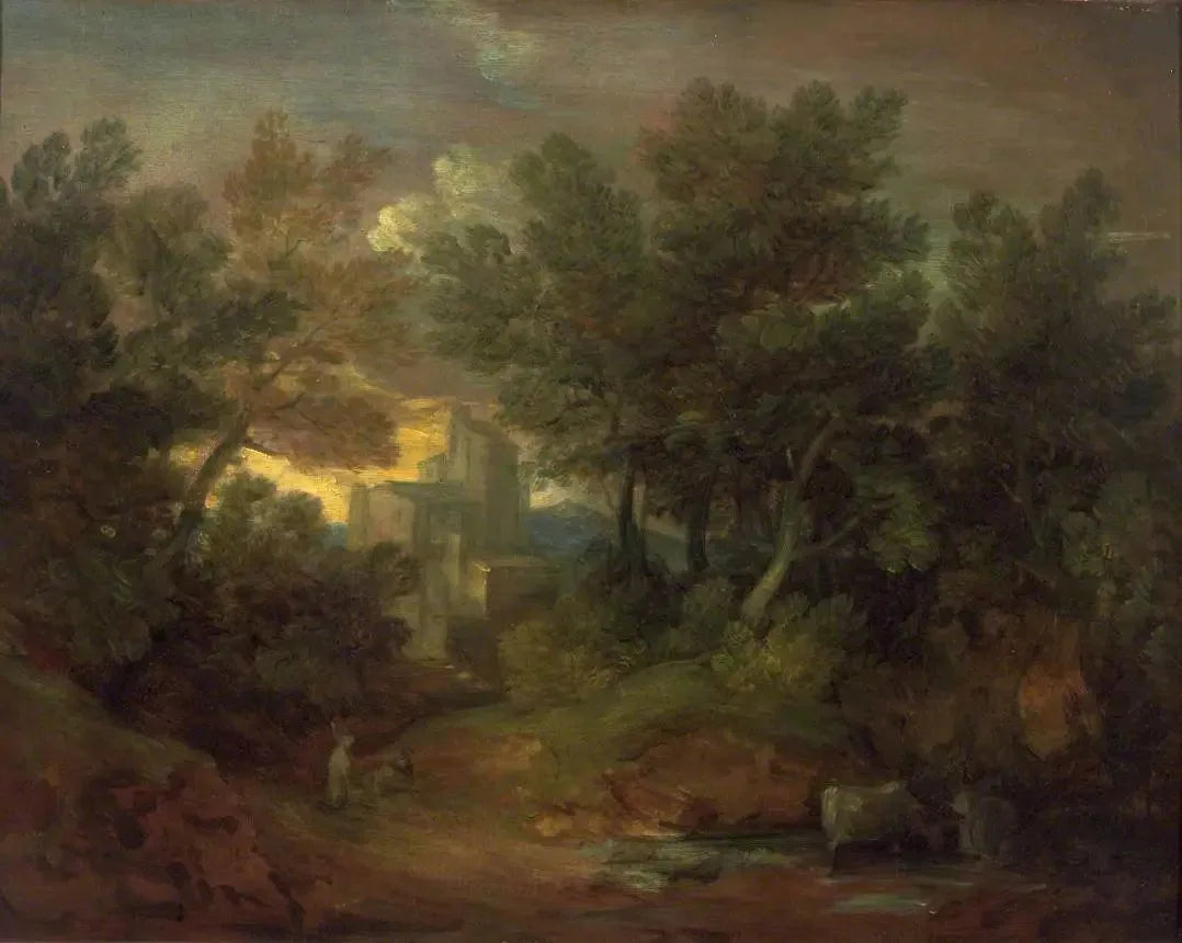 Paysage boisé avec bâtiment - Thomas Gainsborough image 1 copie peinte à la main à l’huile