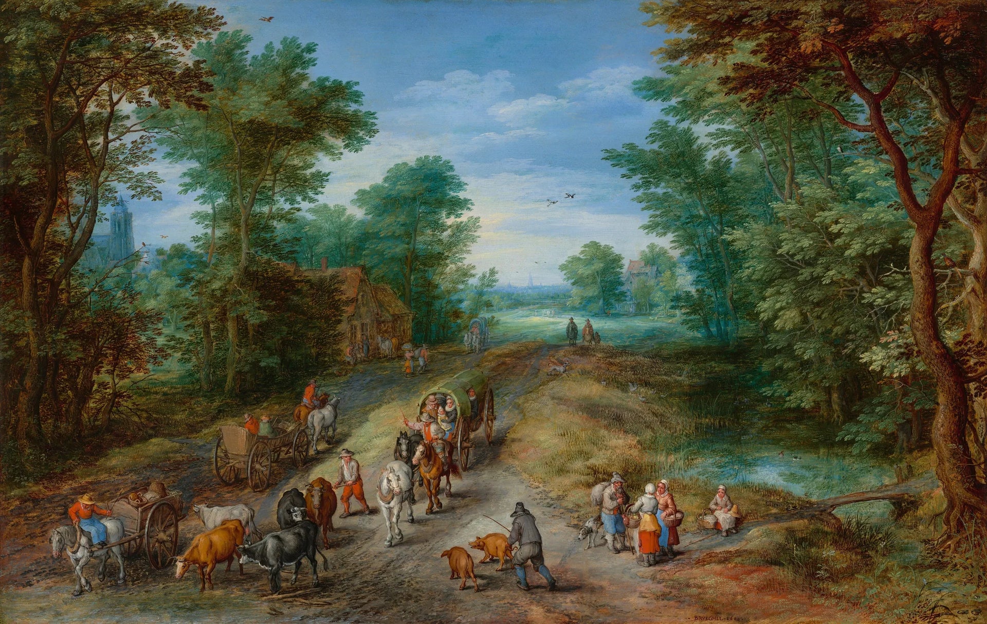 Paysage boisé avec des voyageurs - Jan Brueghel l'Ancien image 1 copie peinte à la main à l’huile