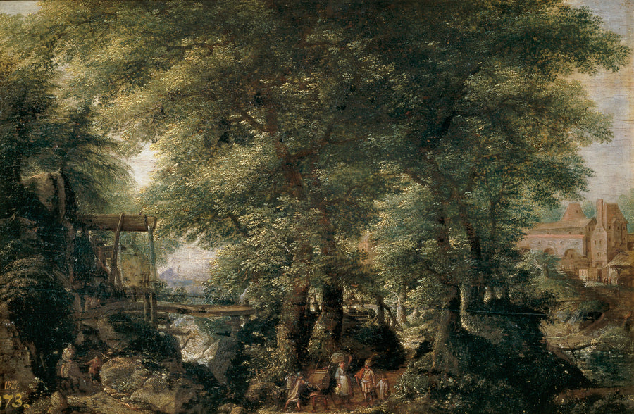 Paysage boisé avec un lac à gauche et un ruisseau à droite - Pieter Stevens